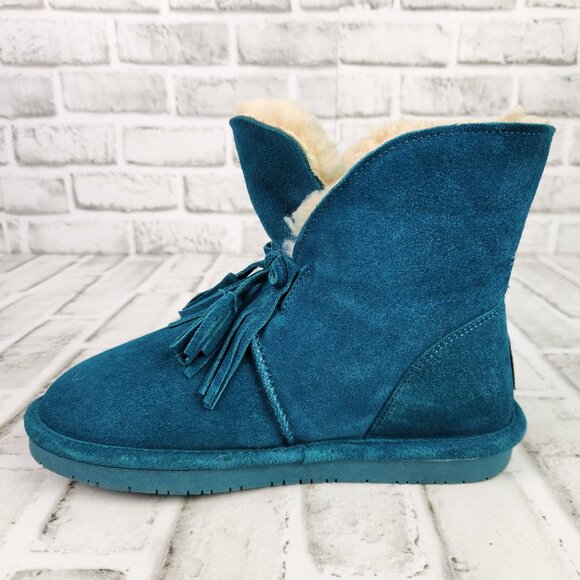Bearpaw Christie Women's Sz 7 Teal Blue Suede Wool Sheepskin Footbed Ankle Boots - Picture 7 of 12